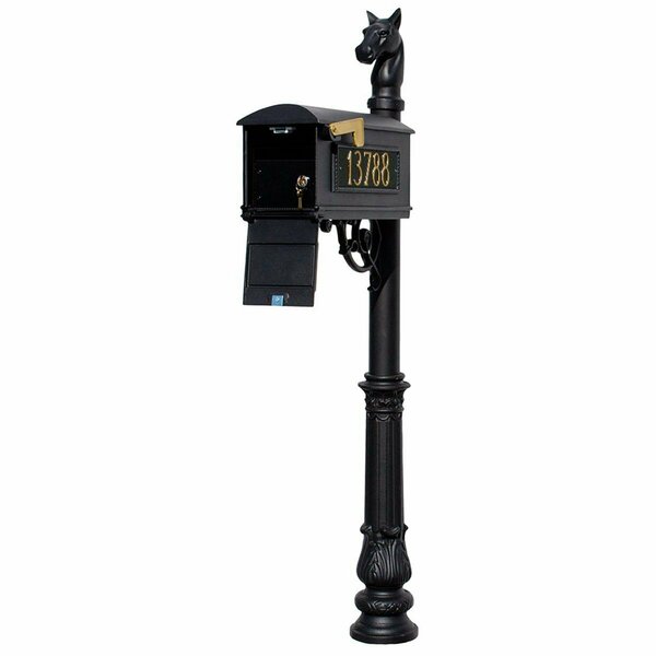 Lewiston LMC-LKIT-701-BL Mailbox Locking Insert Post System, Ornate Base Horsehead Finial, 3 Cast Plates-Black LMC-LKIT-701-BLK